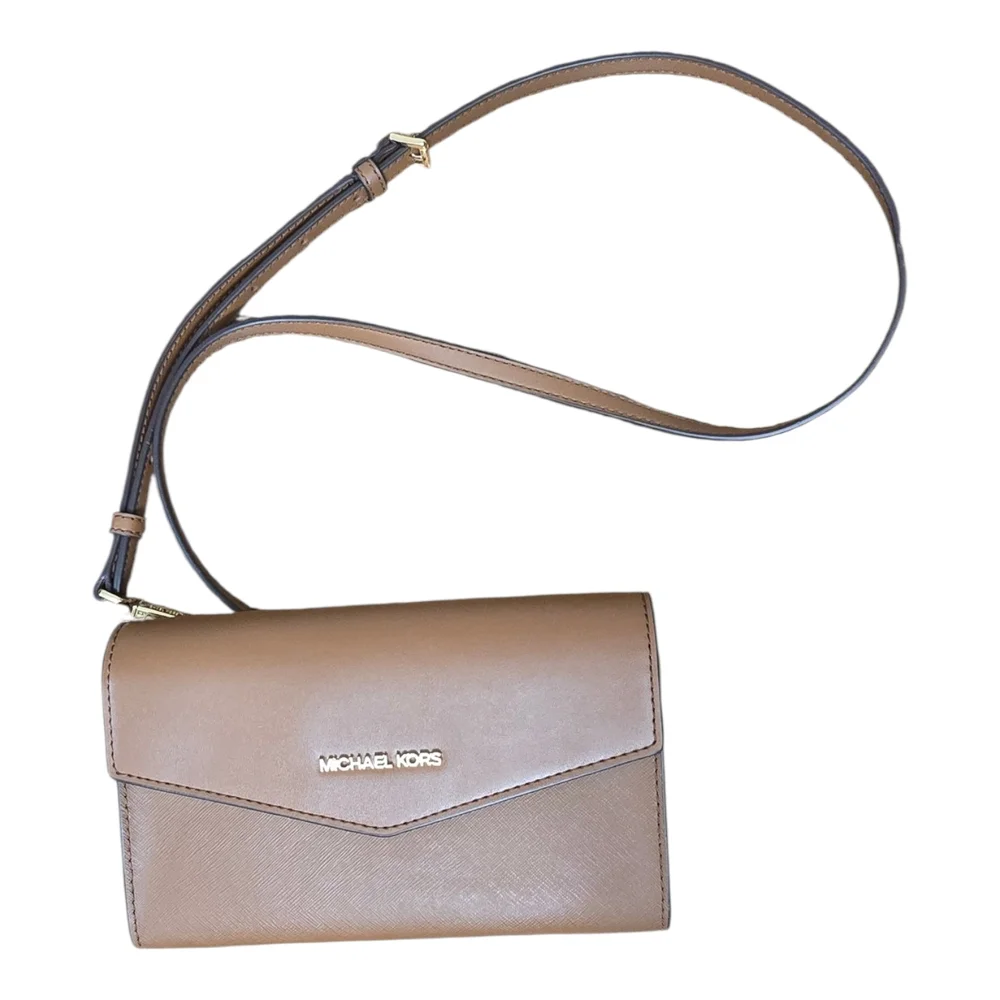 Michael Kors Jet Set Saffiano Leather Crossbody Wallet Purse Brown, Gold Tone